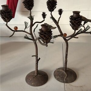 (2) Rustic Brown Metal Candle Holders with birds and pinecones